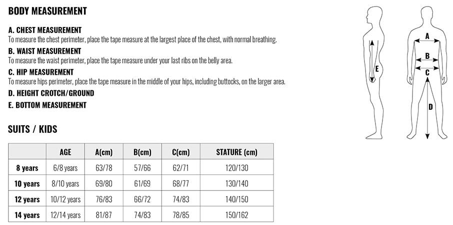 Ixon suits kids size chart
