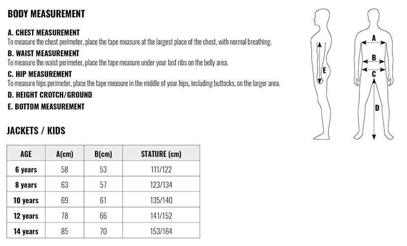 Ixon kids jackets size chart