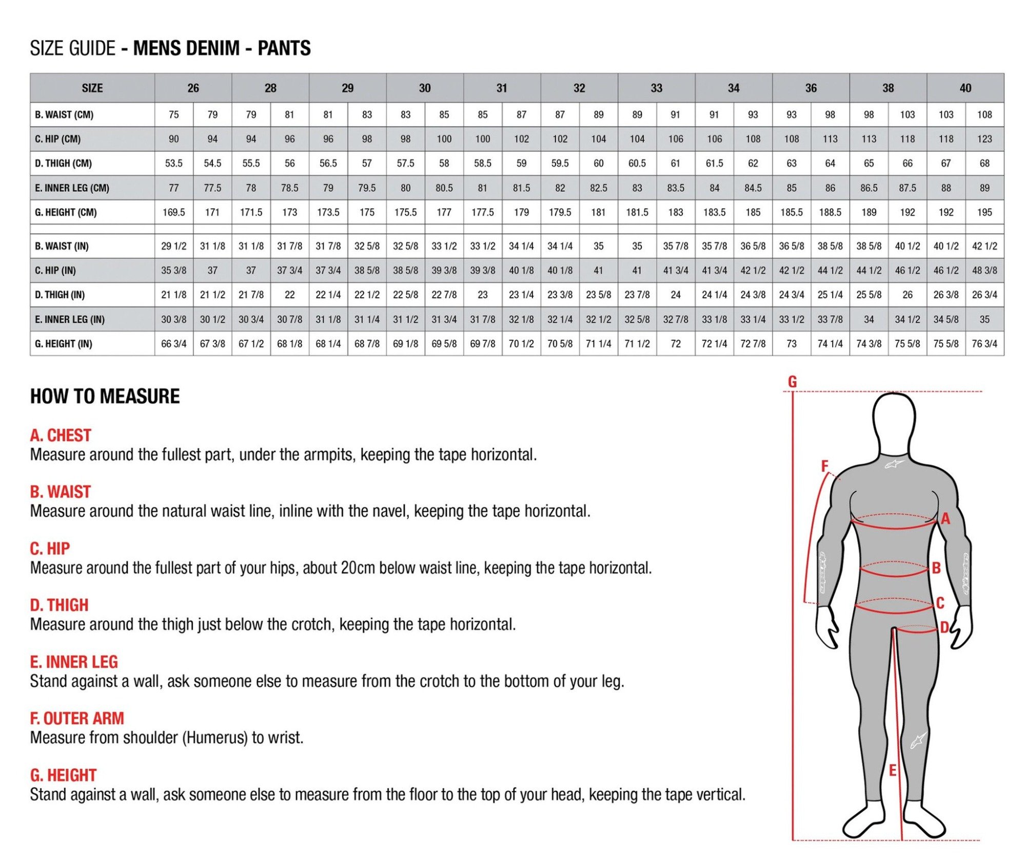 Denim size chart