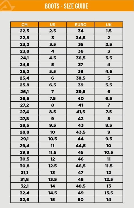 Acerbis boot size chart