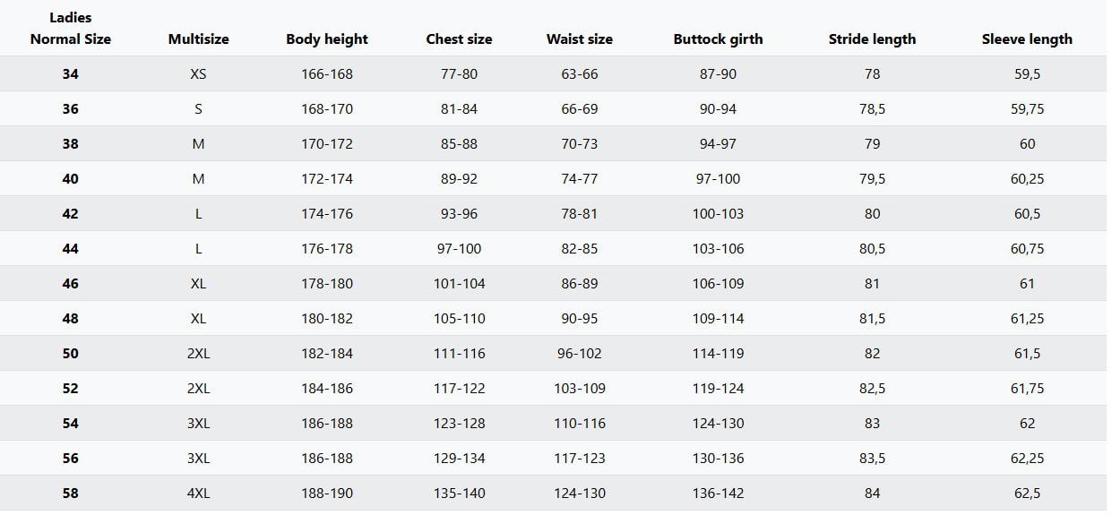 Buese ladies size chart