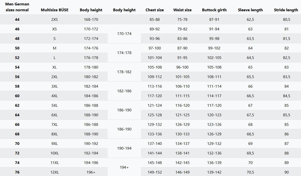 Buese men size chart