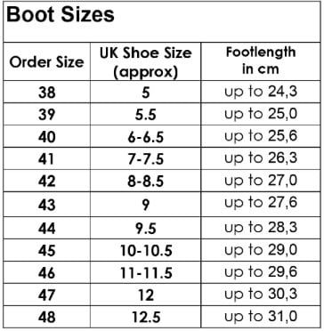 Dane boots size chart