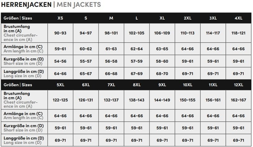 GMS mens jacket size chart