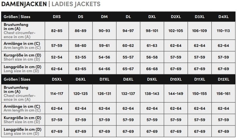 GMS womens jacket size chart