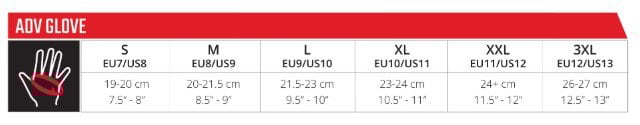 Leatt ADV gloves size chart