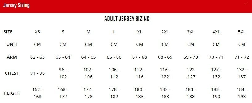 Leatt Moto Jerseys size chart