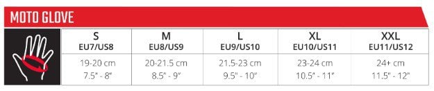 Leatt Moto glove size chart