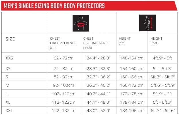 Leatt mens body protector size chart