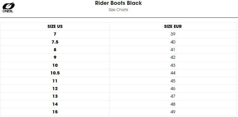 Oneal mx boots size chart