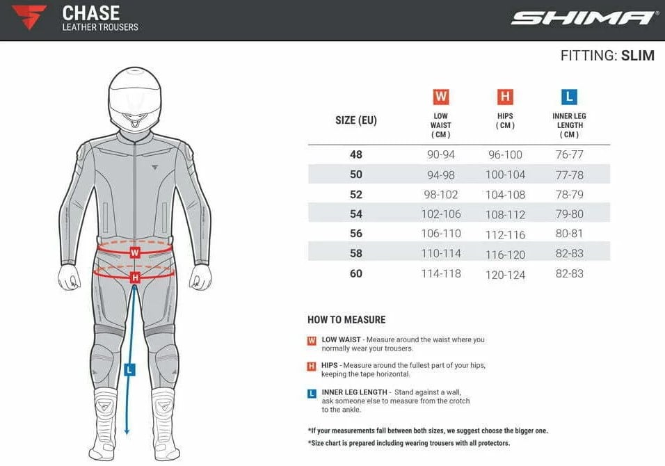 Shima Chase size chart