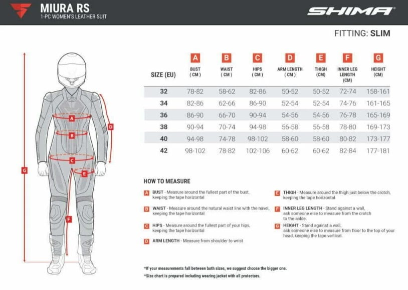 Shima Miura RS size chart