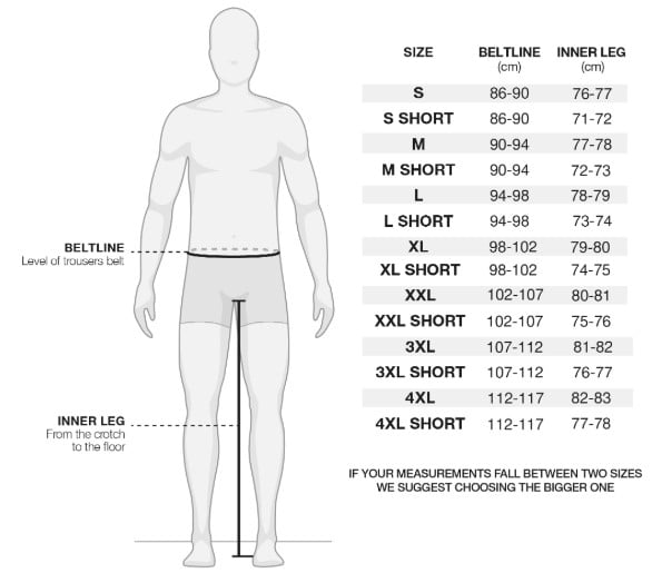 Shima men textile pants size chart